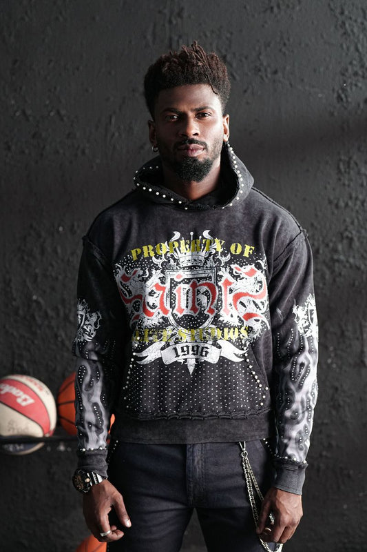 Elite Saints Black Washed Rhinestone Premium Mens Hoodie + Pearls