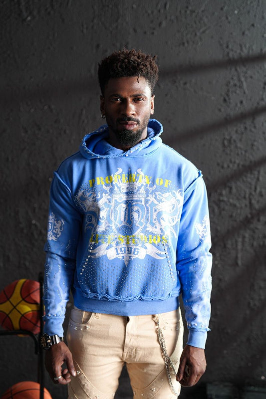 Elite Saints Blue Washed Rhinestone Premium Mens Hoodie + Pearls