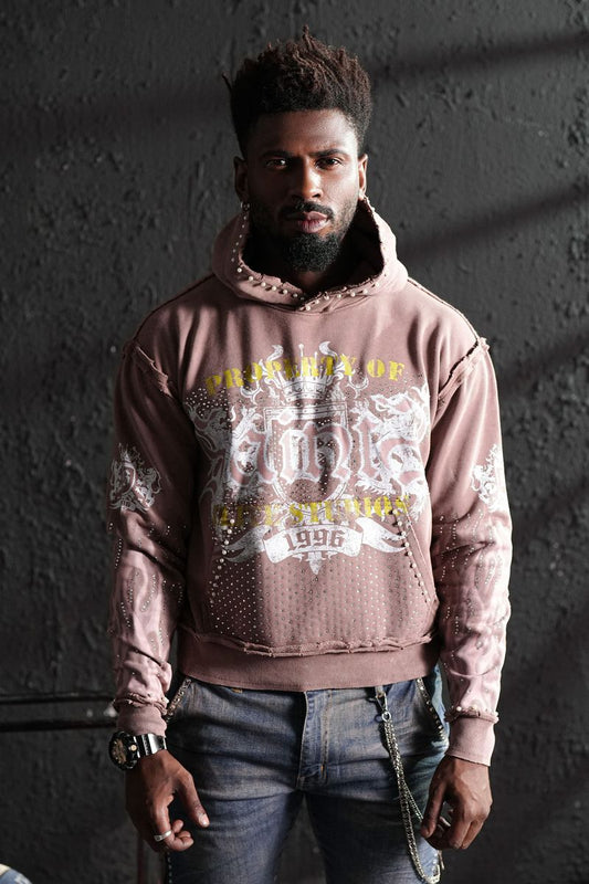 Elite Saints Mocha Washed Rhinestone Premium Mens Hoodie + Pearls