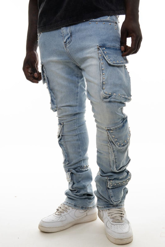 Vicious Blue Stacked Multi Cargo Studded Denim