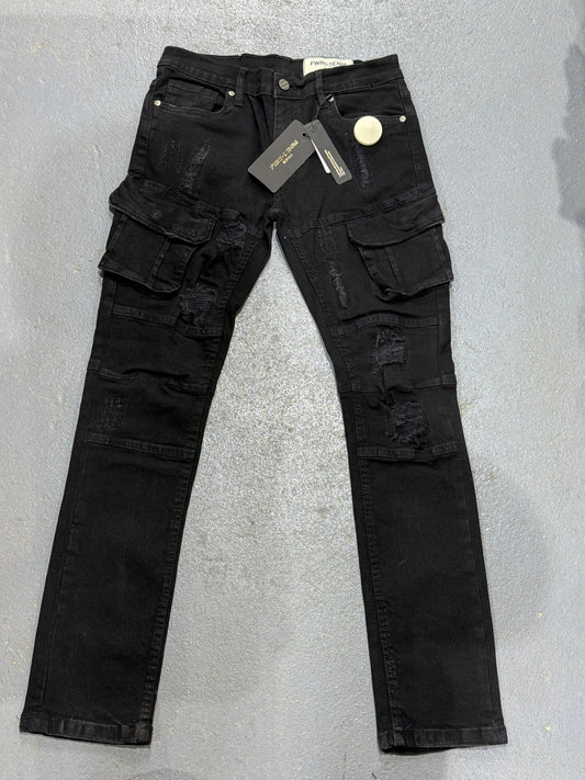 FRWD Denim Big Kids Black Distressed Cargo Jeans.