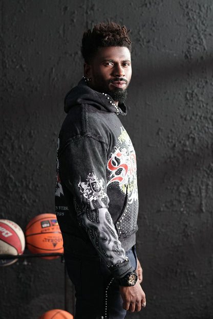 Elite Saints Black Washed Rhinestone Premium Mens Hoodie + Pearls 