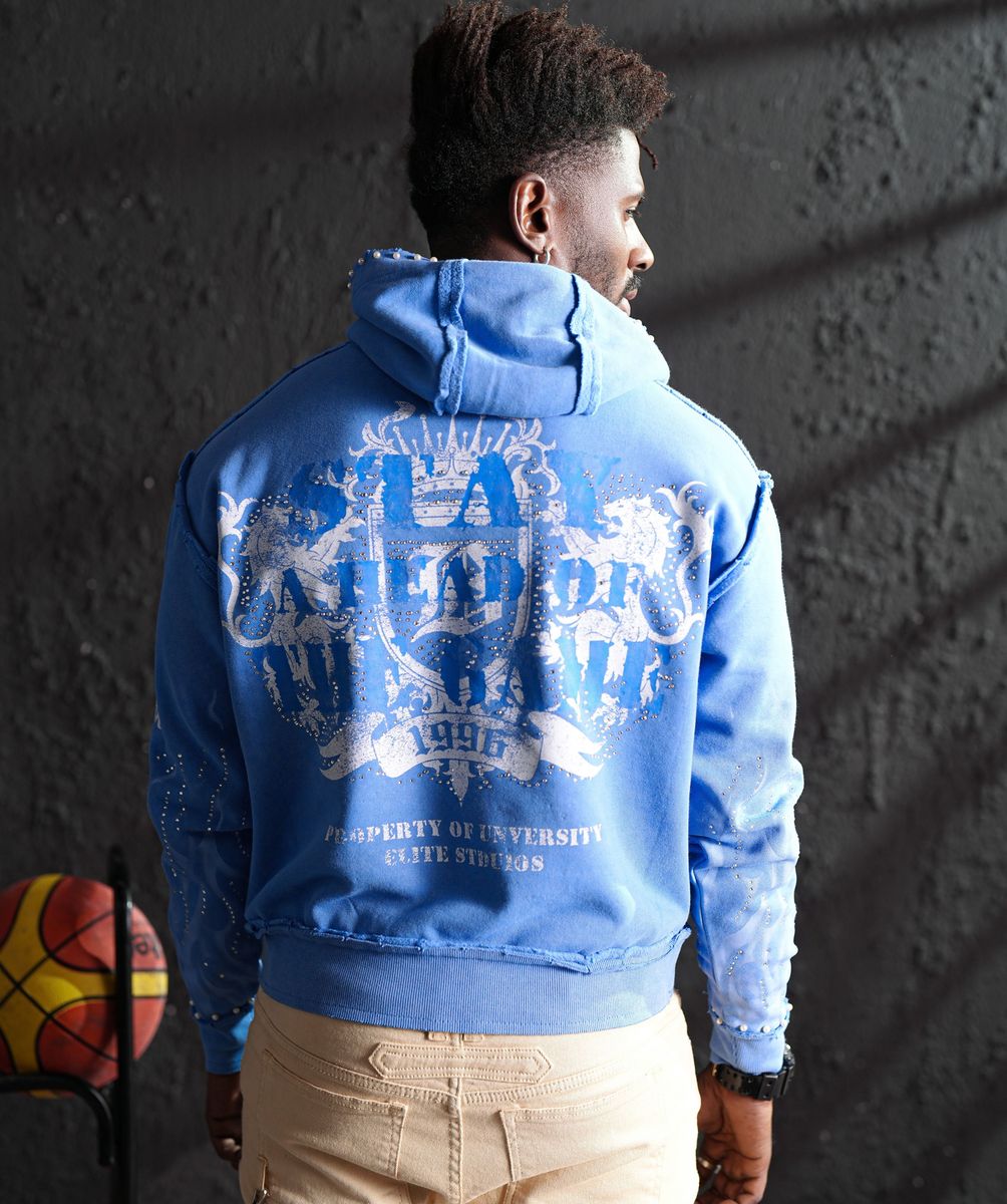 Elite Saints Blue Washed Rhinestone Premium Mens Hoodie + Pearls 