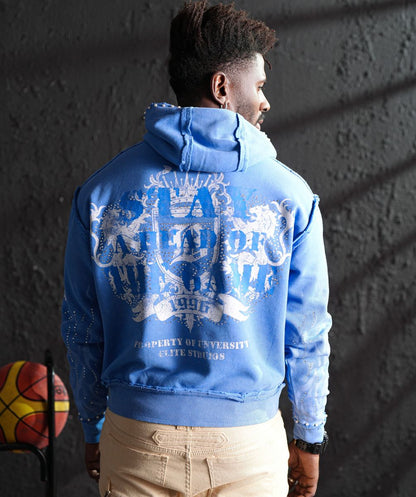 Elite Saints Blue Washed Rhinestone Premium Mens Hoodie + Pearls 