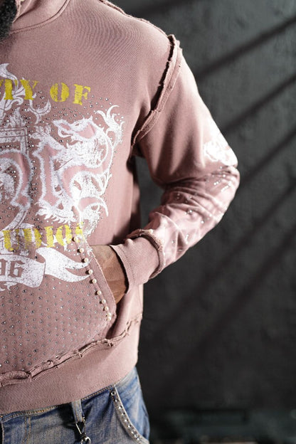 Elite Saints Mocha Washed Rhinestone Premium Mens Hoodie + Pearls 