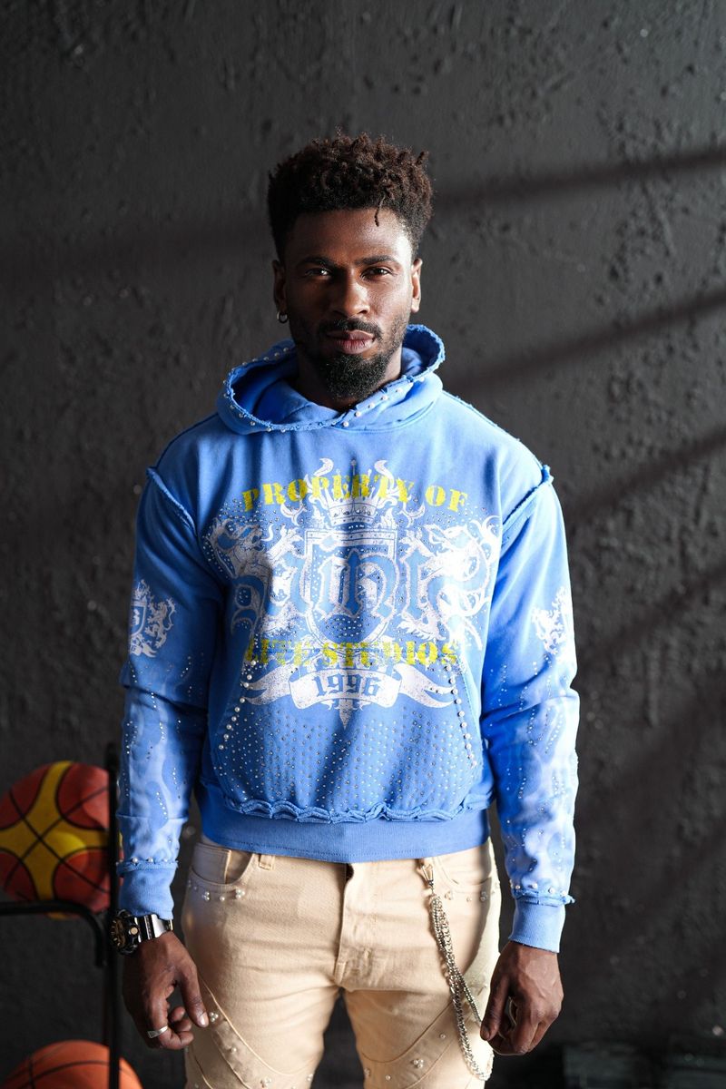 Elite Saints Blue Washed Rhinestone Premium Mens Hoodie + Pearls 