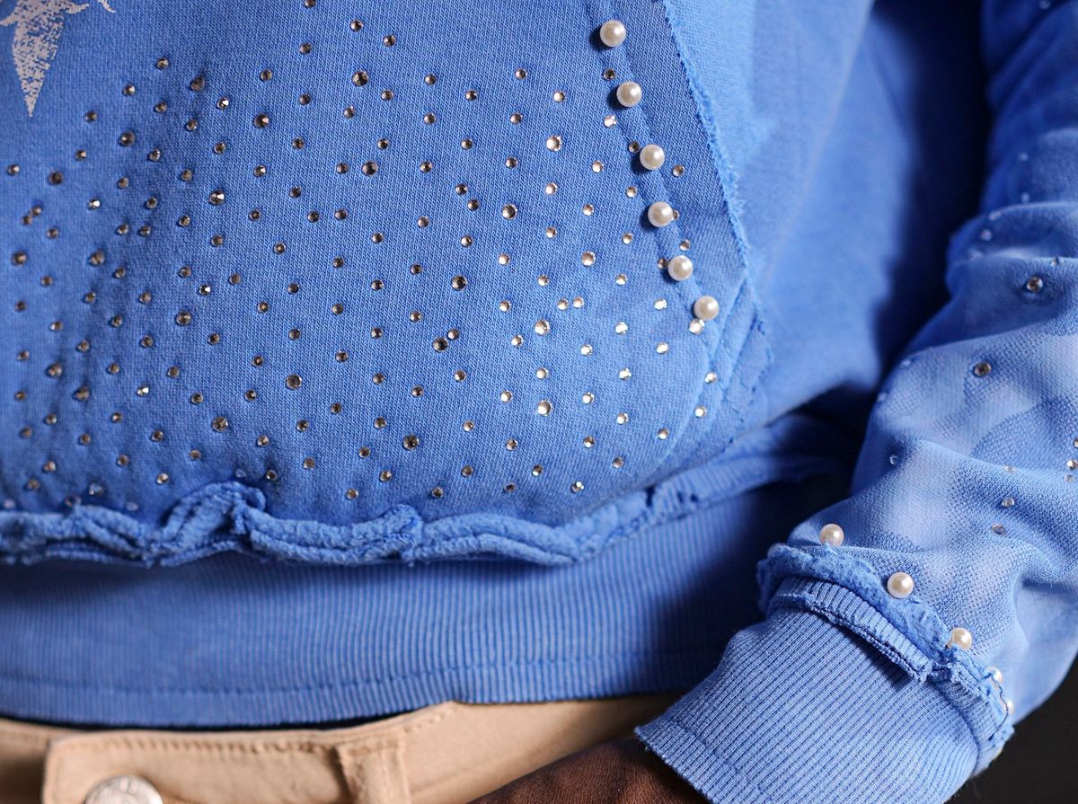 Elite Saints Blue Washed Rhinestone Premium Mens Hoodie + Pearls 