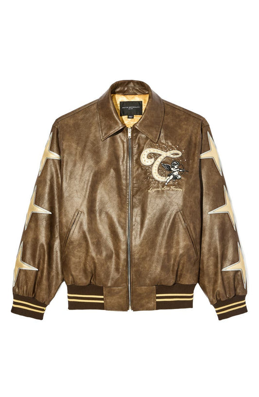 Cult Legends Embroidered Faux Leather Varsity Jacket 