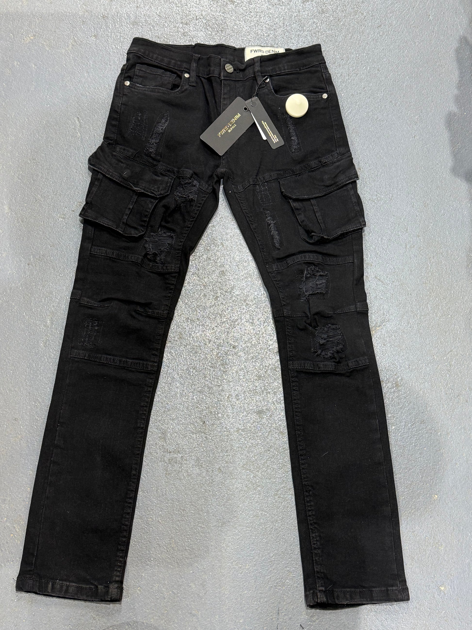 FRWD Denim Big Kids Black Distressed Cargo Jeans.